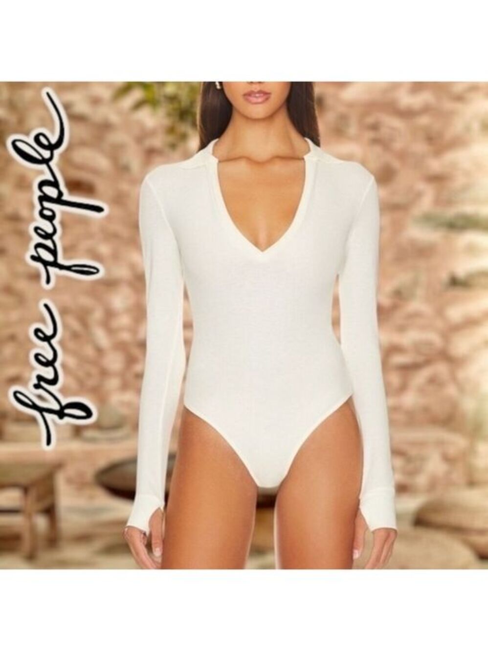 FREE PEOPLE NWT Do It Right Collared Deep V-Neck Long Sleeve Thong Bodysuit/MD